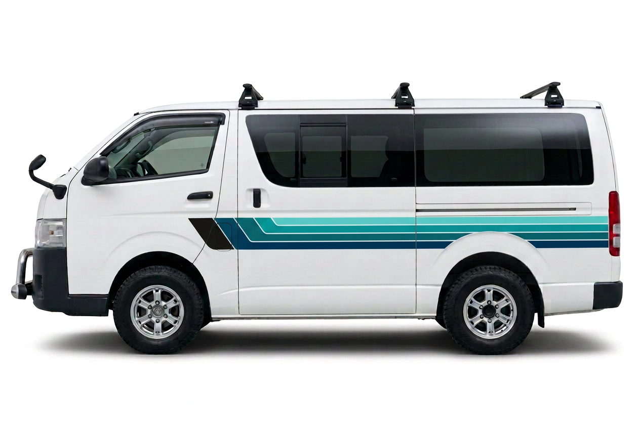 White Toyota HiAce with solid navy and teal stripes