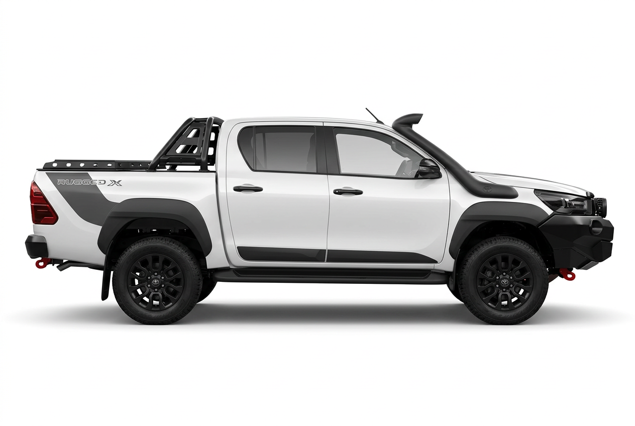 White Toyota Hilux with Rugged X side graphics