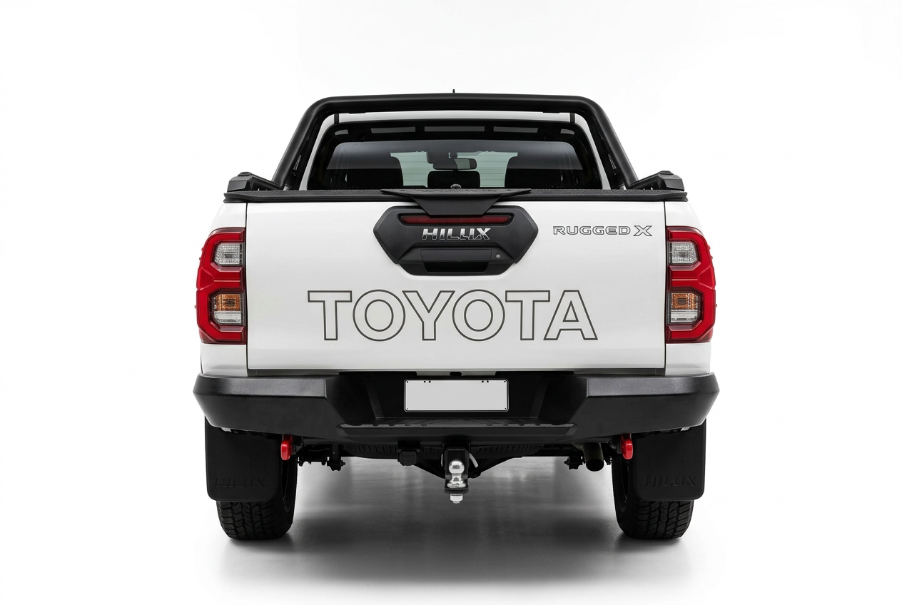 White Toyota Hilux with Toyota and Rugged X tailgate graphics