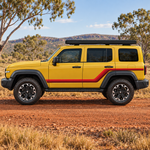 Yellow Tank 300 with red stripe in an Australian country setting