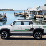 Your striped ute with an Australian fishing-town harbour background