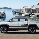 Your striped ute with an Australian fishing-town harbour background
