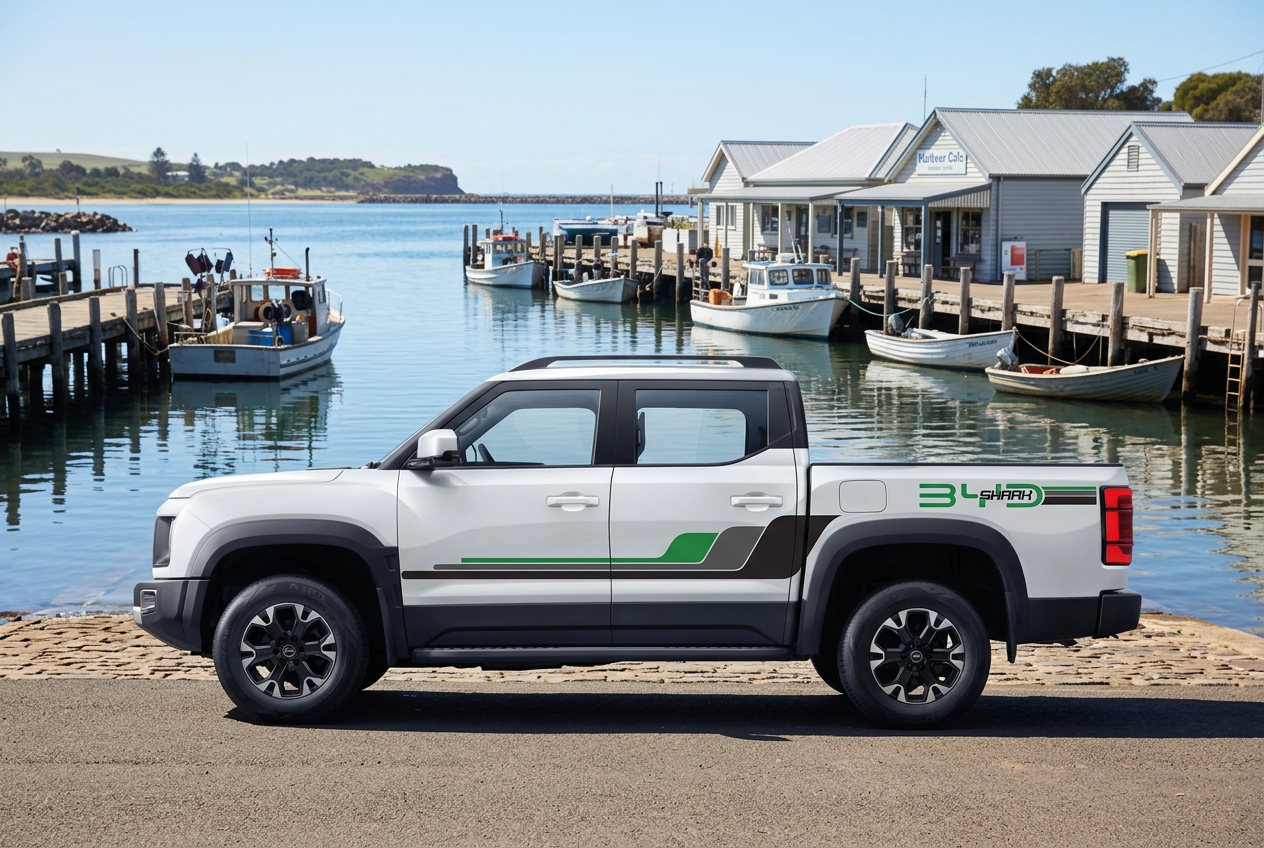 Your striped ute with an Australian fishing-town harbour background